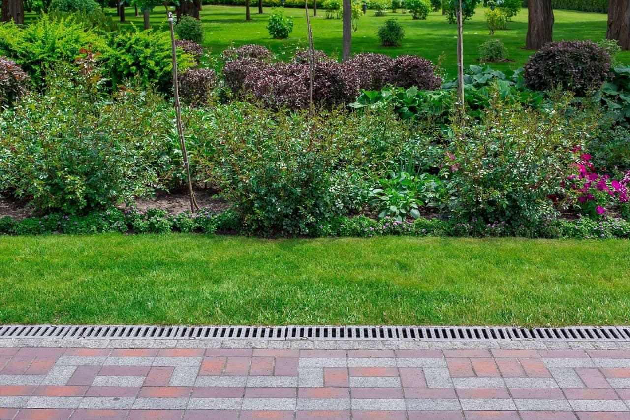 A brick walkway leading to a lush green garden with flowers and bushes